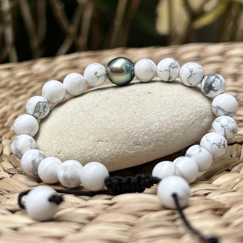 Bracelet Howlites et Perle de Tahiti Vert Tilleul