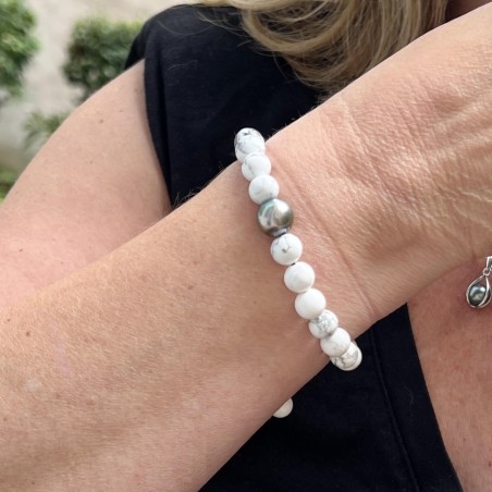 Bracelet Howlites et Perle de Tahiti Vert Tilleul