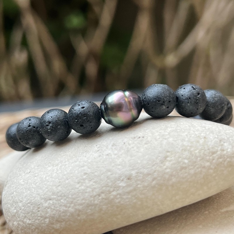Lavastein-Armband – Tahiti-Fliegenflügelperle