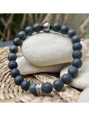 lava stones man bracelet cultured pearl from Tahiti price - tahitian jewerly for men - tahitian pearl bracelet for men