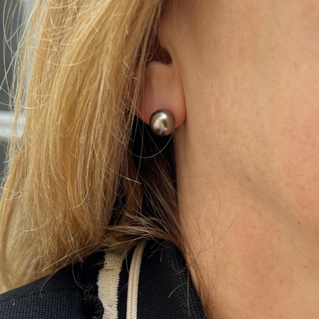 9.22mm Tahitian Peacock Pearl Ear Studs - Rhodium Silver