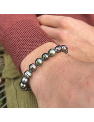 Veintiún perlas de pavo real de Tahití en una pulsera unisex