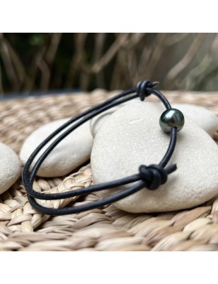 men leather bracelet with black pearl price - tahitian men bracelet