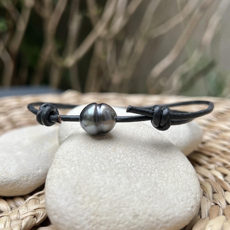 Orino - 10.75mm Tahitian Blue Grey Pearl Leather Bracelet