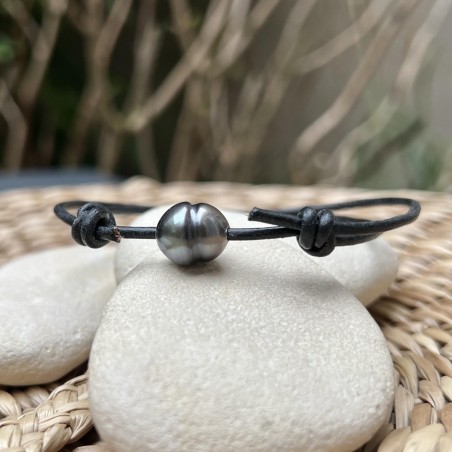men leather bracelet with black pearl price - tahitian men bracelet