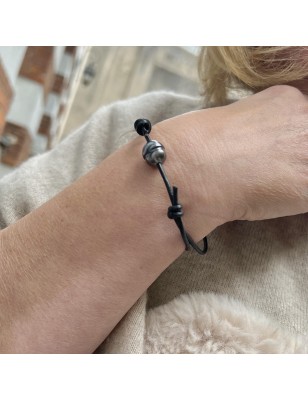 Orino - 10.75mm Tahitian Blue Grey Pearl Leather Bracelet