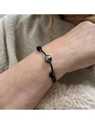 Orino - Green Tahitian Pearl Link Leather Bracelet