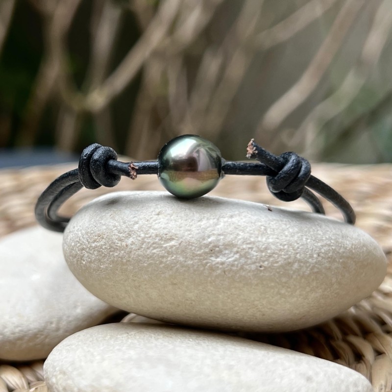 Orino - Green Tahitian Pearl - 10.30mm - Leather Bracelet