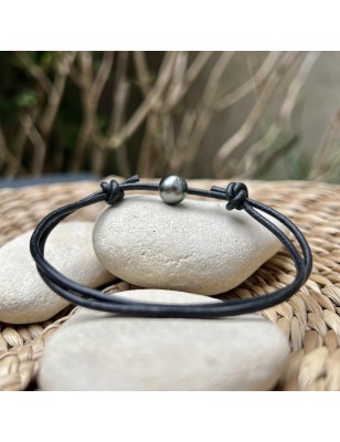 men leather bracelet with black pearl price - tahitian men bracelet