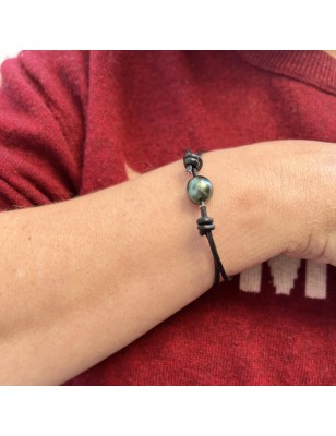 Orino - Black Leather Bracelet with Tahitian Peacock Pearl - 10.79mm