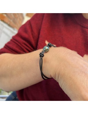 Orino - Black Leather Bracelet with Tahitian Peacock Pearl - 10.79mm
