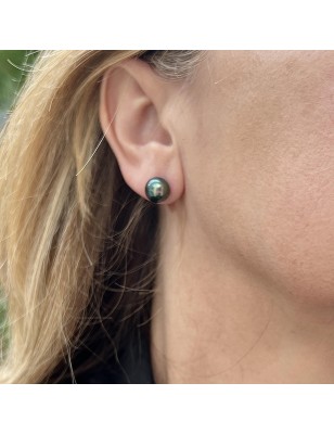 Pistachio green Tahitian pearls on gold ear studs price - earrings with pearl from Tahiti