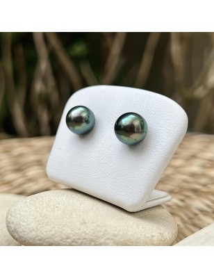 Pistachio green Tahitian pearls on gold ear studs price - earrings with pearl from Tahiti