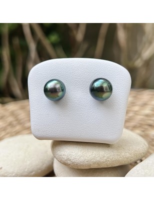 Pistachio green Tahitian pearls on gold ear studs price - earrings with pearl from Tahiti