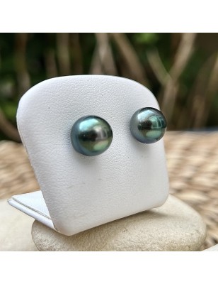Pistachio green Tahitian pearls on gold ear studs price - earrings with pearl from Tahiti