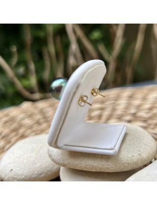 Pistachio green Tahitian pearls on gold ear studs price - earrings with pearl from Tahiti