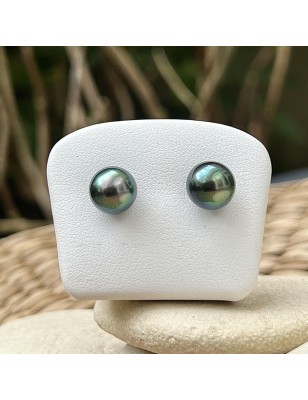 Pistachio green Tahitian pearls on gold ear studs price - earrings with pearl from Tahiti