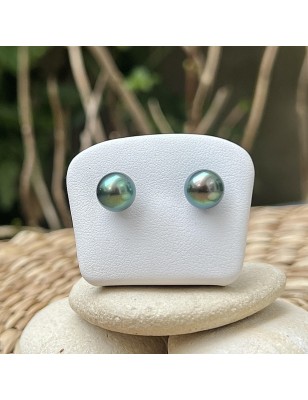 Lagoon green Tahitian pearls on gold ear studs price - earrings with pearl from Tahiti
