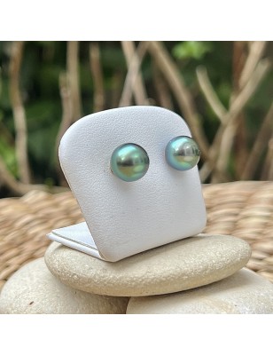 Lagoon green Tahitian pearls on gold ear studs price - earrings with pearl from Tahiti