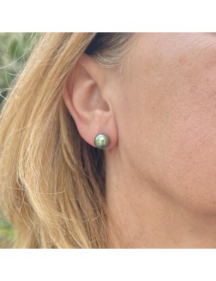 Lagoon green Tahitian pearls on gold ear studs price - earrings with pearl from Tahiti