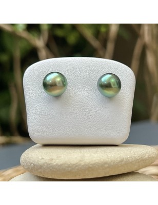 Lagoon green Tahitian pearls on gold ear studs price - earrings with pearl from Tahiti