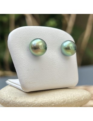 9.40mm - Lagoon Green Tahitian Pearls - 18k Gold Earrings
