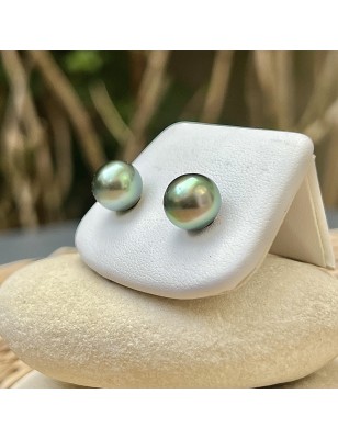 Lagoon green Tahitian pearls on gold ear studs price - earrings with pearl from Tahiti
