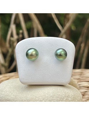 Lagoon green Tahitian pearls on gold ear studs price - earrings with pearl from Tahiti