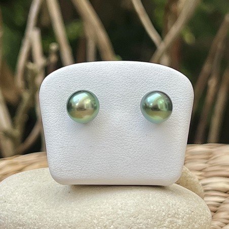 Lagoon green Tahitian pearls on gold ear studs price - earrings with pearl from Tahiti