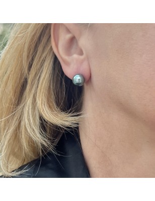 Lagoon blue Tahitian pearls on gold ear studs price - earrings with pearl from Tahiti