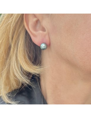 Lagoon blue Tahitian pearls on gold ear studs price - earrings with pearl from Tahiti