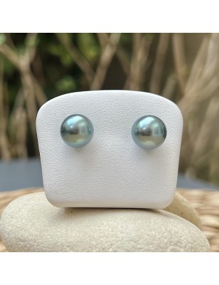 Lagoon blue Tahitian pearls on gold ear studs price - earrings with pearl from Tahiti