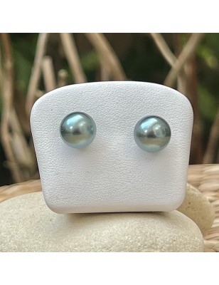 Lagoon blue Tahitian pearls on gold ear studs price - earrings with pearl from Tahiti