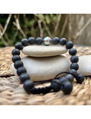 Engraved Tahitian Pearl and Lava Stone Bracelet - Green Color