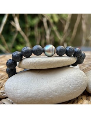 Engraved Tahitian Pearl and Lava Stone Bracelet - Green Color