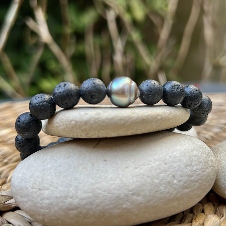 Engraved Tahitian Pearl and Lava Stone Bracelet - Green Color