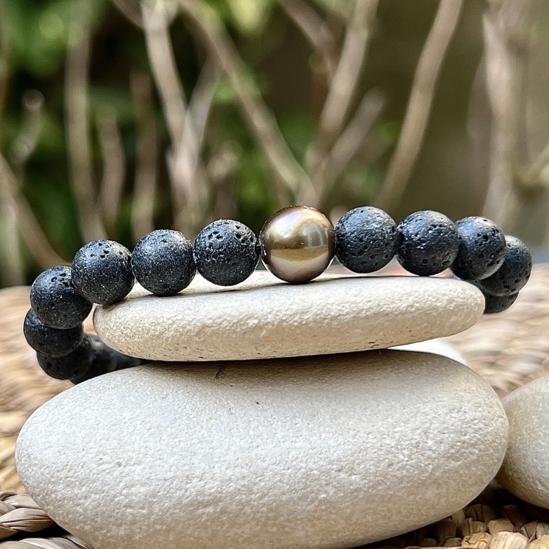 Lava Stones and Tahitian Bronze Pearl Bracelet