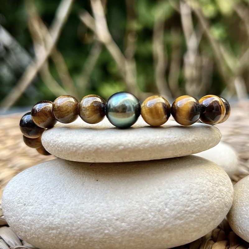 9.87mm Green Tahitian Pearl and Tiger Eyes Bracelet