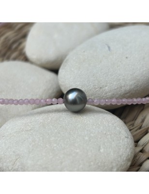 Light Grey Tahitian Pearl and Pink Quartz Necklace