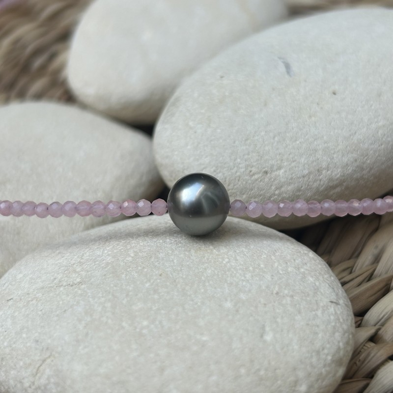 Light Grey Tahitian Pearl and Pink Quartz Necklace