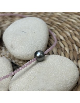 Collier en Véritables Quartz Roses et Perle de Tahiti Gris Clair