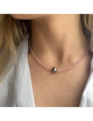 Light Grey Tahitian Pearl and Pink Quartz- Necklace