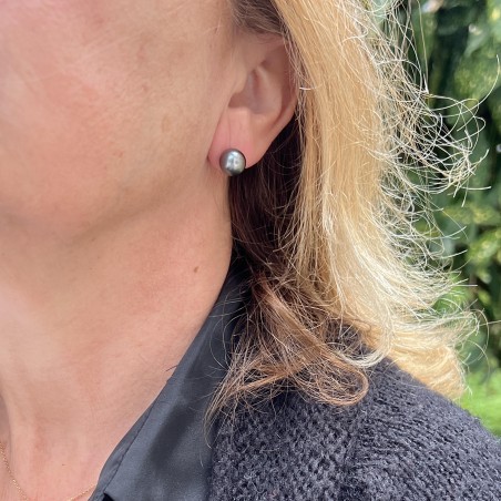 Tiare'Ole - Perles de Tahiti Bleu Gris - 9.78mm - Boucles or 375