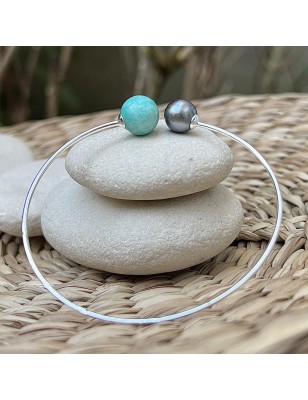 Bracelet Femme Perle de Tahiti Grise et Amazonite Naturelle