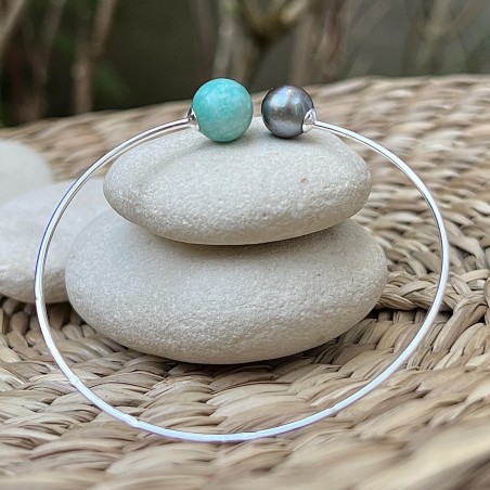 Cultred Pearl Grey Colour and Natural Amazonite Bracelet