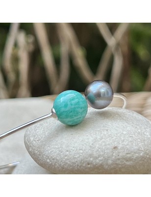 Bracelet Femme Perle de Tahiti Grise et Amazonite Naturelle