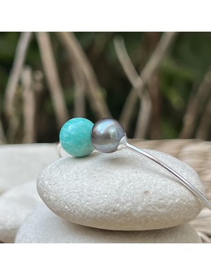Bracelet Femme Perle de Tahiti Grise et Amazonite Naturelle