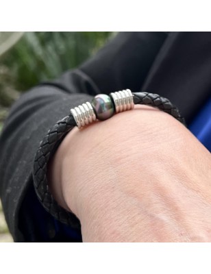 Pulsera de cuero con perla de Tahití de 12,32 mm