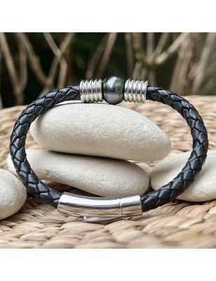 Bracciale in pelle con perle di Tahiti da 12,32 mm