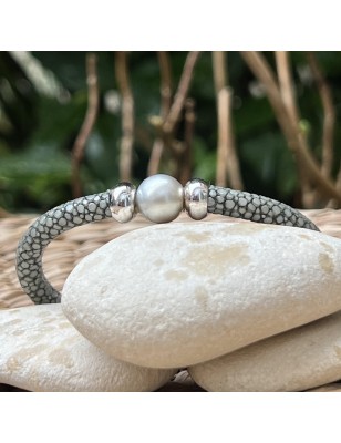 Matin de Paris - Bracelet Cuir Galuchat Perle de Tahiti Grise